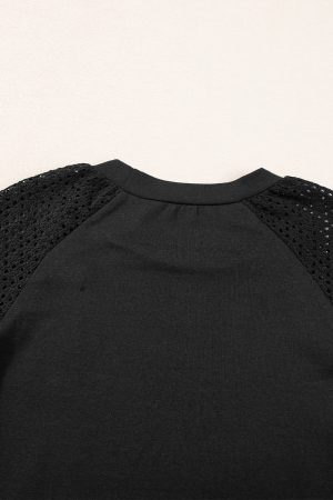 Black Pointelle Lace Sleeve Loose Round Neck Tee