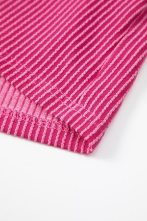 Pink Ribbed Knit Pocketed Loose Fit Crew Neck T Shirt