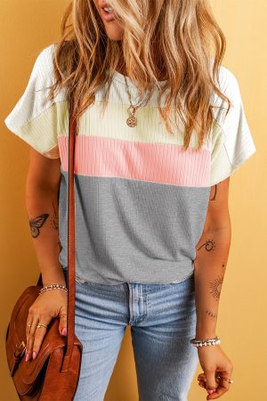 Gray Ribbed Color Block Patchwork Round Neck T Shirt