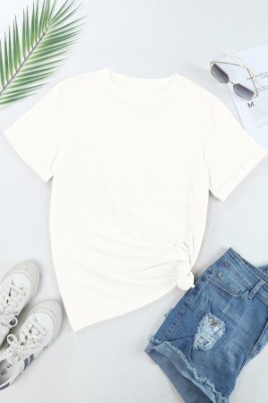 White Solid Color Basic Crew Neck Plain Tee