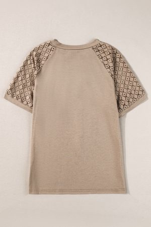 Pale Khaki Seamed Detail Contrast Lace Raglan Sleeve Tee