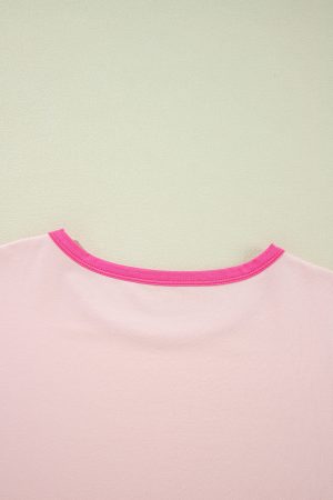 Pink Color Block Sleeve Round Neck Oversize Top