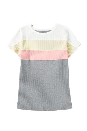 Gray Ribbed Color Block Patchwork Round Neck T Shirt