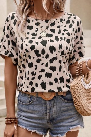 Khaki Leopard Dolman Sleeve Twist Backless T-Shirt