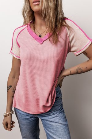 Pink Exposed Seam Patchwork Waffle Knit V Neck T Shirt