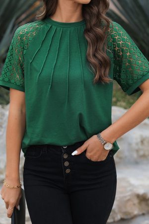 Blackish Green Seamed Detail Contrast Lace Raglan Sleeve Tee