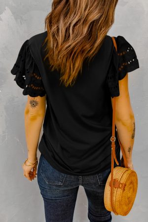 Cut Out Sleeve Casual Black T-shirt for Women