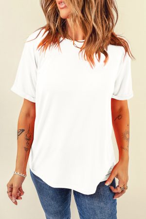 White Solid Color Basic Crew Neck Plain Tee