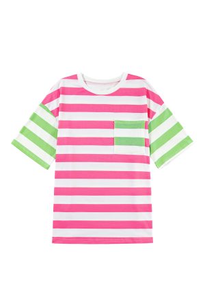 Pink Stripe Patch Pocket Drop Sleeve Slits T Shirt