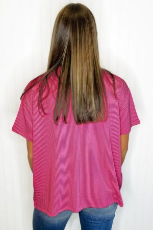 Pink Ribbed Knit Pocketed Loose Fit Crew Neck T Shirt