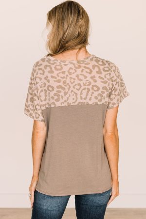 Khaki Leopard Casual Color Block T Shirt