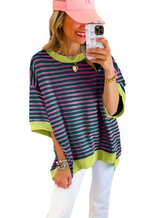 Green Stripe Colorblock Drop Sleeve Loose Top