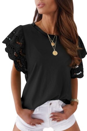 Cut Out Sleeve Casual Black T-shirt for Women