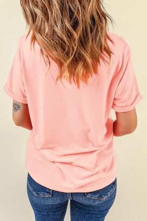 Pink Solid Color Basic Crew Neck Plain Tee