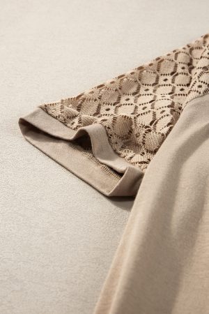 Pale Khaki Seamed Detail Contrast Lace Raglan Sleeve Tee