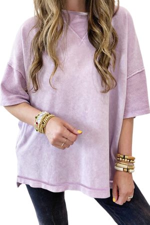 Orchid Petal Mineral Wash Exposed Seam Drop Shoulder Oversized Tee