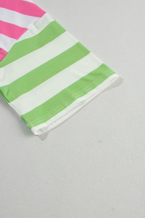 Pink Stripe Patch Pocket Drop Sleeve Slits T Shirt