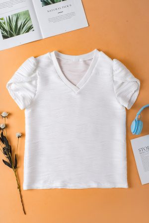 White Textured V-Neck Short Tulip Sleeve T Shirt