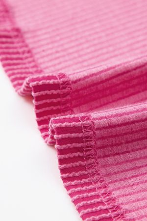 Pink Ribbed Knit Pocketed Loose Fit Crew Neck T Shirt