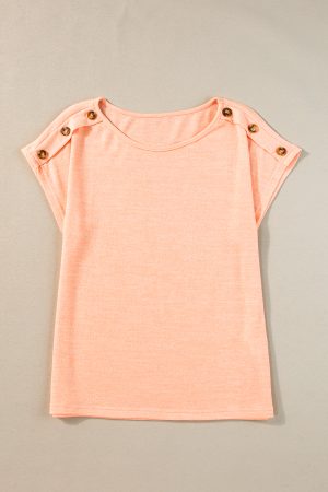 Apricot Pink Solid Color Button Decor Batwing Sleeve Tee