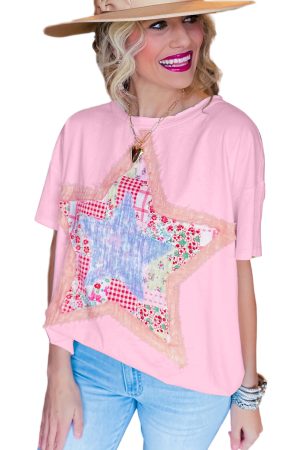 Pink Vibrant Star Patchwork Loose T-shirt