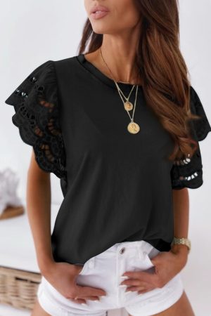 Cut Out Sleeve Casual Black T-shirt for Women