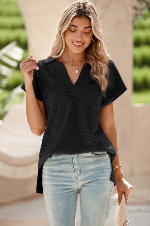 Black Textured V Neck Collared Slit Hem T Shirt