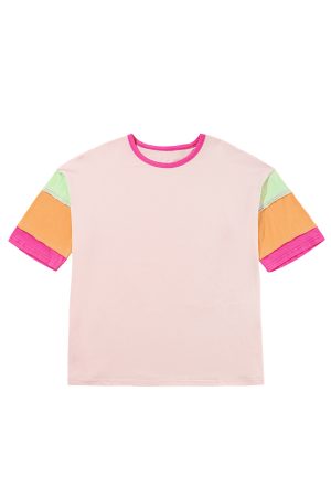 Pink Color Block Sleeve Round Neck Oversize Top