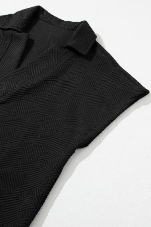 Black Textured V Neck Collared Slit Hem T Shirt