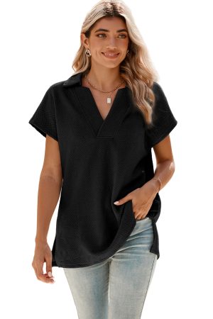 Black Textured V Neck Collared Slit Hem T Shirt