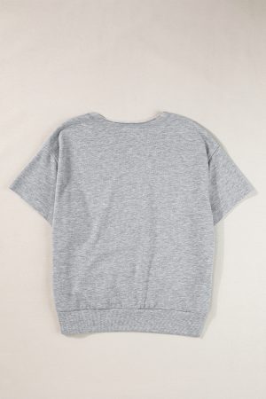 Light Grey USA Letter Patch Notched Neck Loose Tee