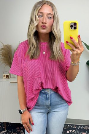 Pink Ribbed Knit Pocketed Loose Fit Crew Neck T Shirt