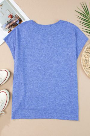 Sky Blue Solid Color Crochet Lace Detail Oversized Tee