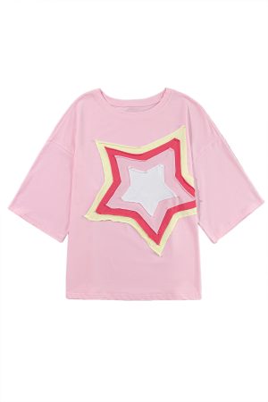 Light Pink Colorblock Star Patched Half Sleeve Oversized Tee