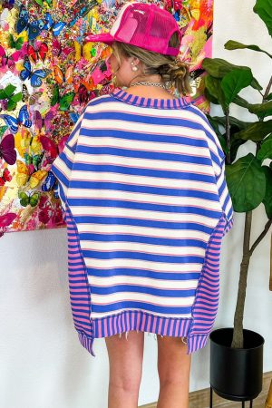 Blue Stripe Patchwork Exposed Seam Oversized Top