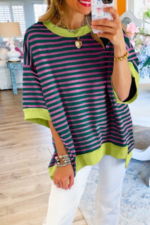 Green Stripe Colorblock Drop Sleeve Loose Top