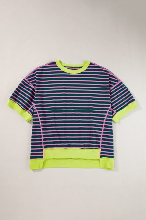 Green Stripe Colorblock Drop Sleeve Loose Top