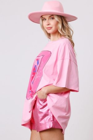 Pink Boots Card Graphic Oversized Round Neck T Shirt