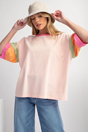 Pink Color Block Sleeve Round Neck Oversize Top