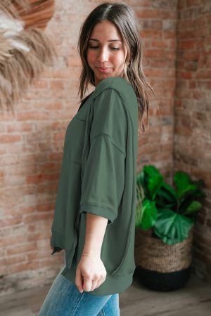 Laurel Green Exposed Seam Pocket Side Split Loose T Shirt