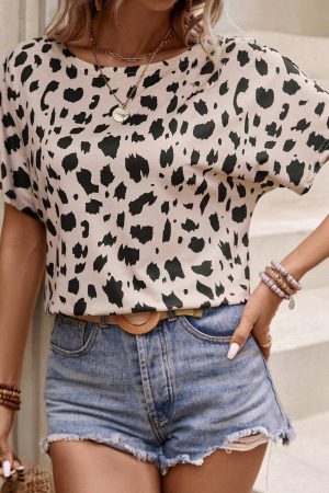 Khaki Leopard Dolman Sleeve Twist Backless T-Shirt