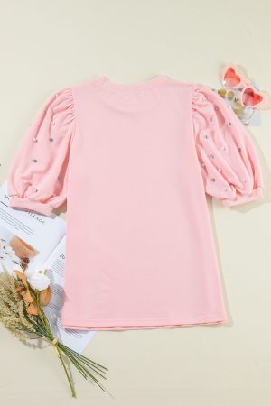 Light Pink Rhinestone Pearl Detail Puff Sleeve Plain Top