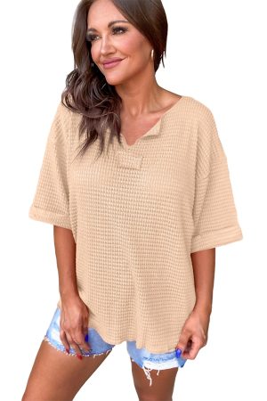 Parchment Solid Textured Split Neck Drop Sleeve T Shirt