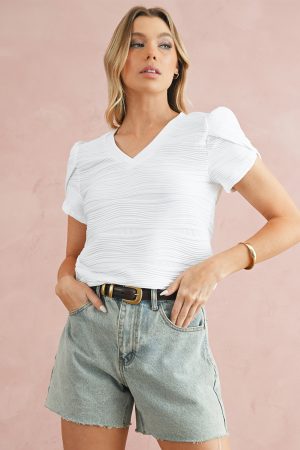 White Textured V-Neck Short Tulip Sleeve T Shirt