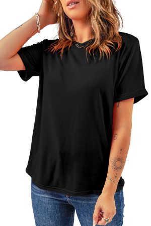 Black Solid Color Basic Crew Neck Plain Tee