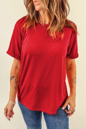 Red Solid Color Basic Crew Neck Plain Tee