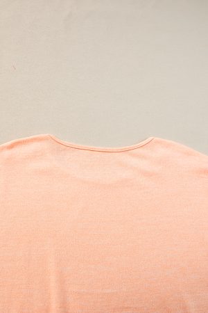 Apricot Pink Solid Color Button Decor Batwing Sleeve Tee