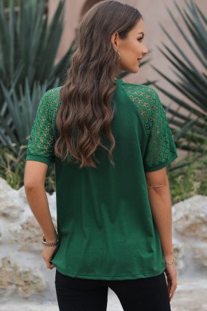 Blackish Green Seamed Detail Contrast Lace Raglan Sleeve Tee