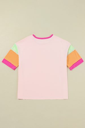 Pink Color Block Sleeve Round Neck Oversize Top