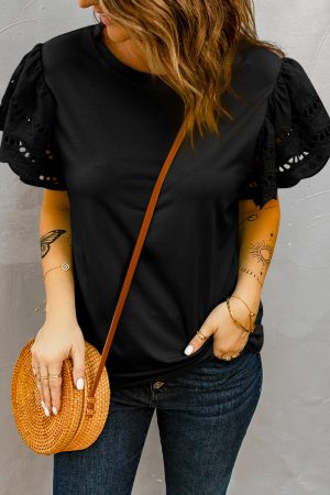 Cut Out Sleeve Casual Black T-shirt for Women